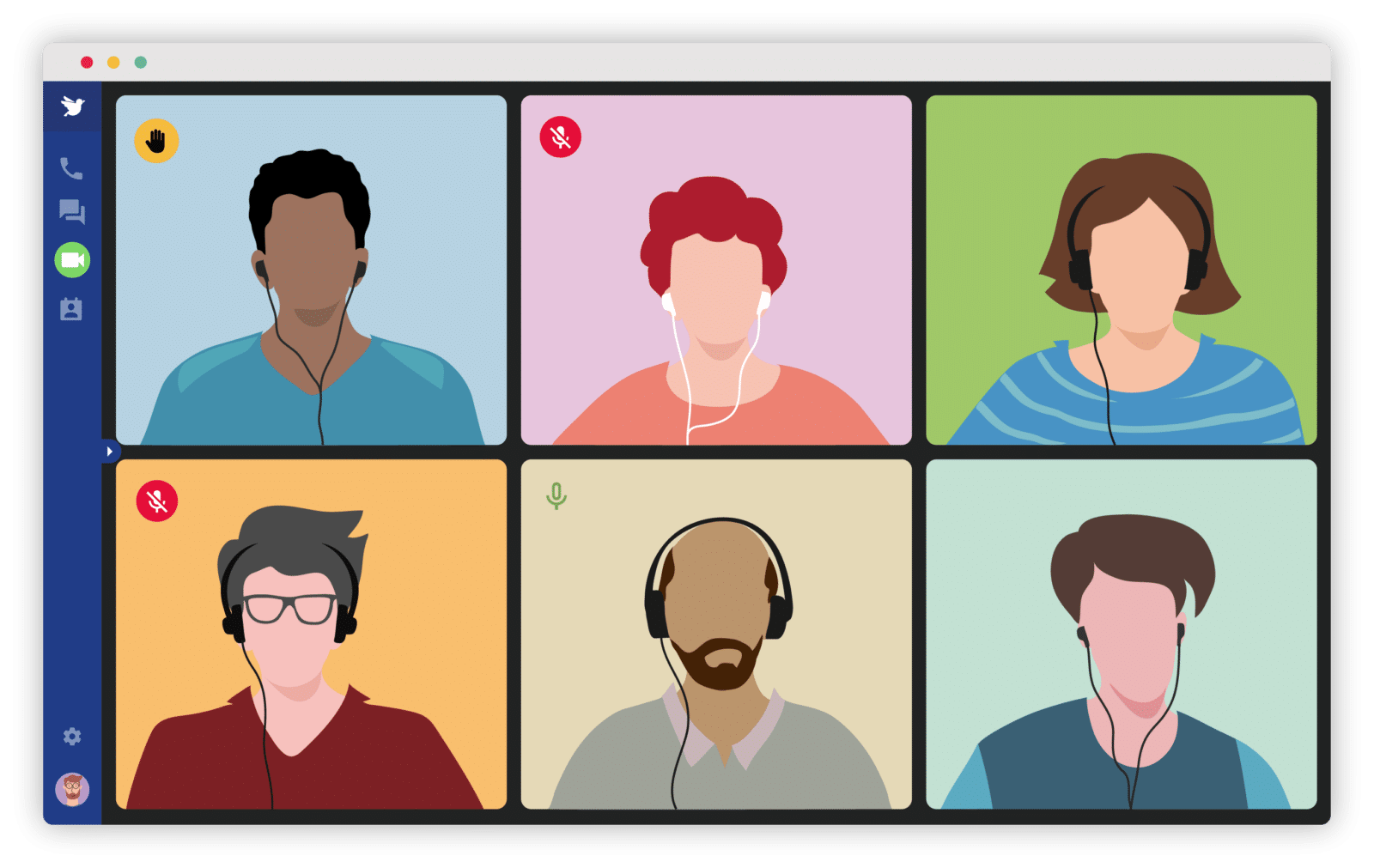 Graphic of 6 people participating in a video call wearing headphones