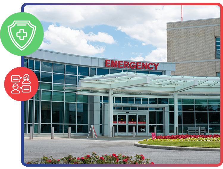 a photo of a hospital emergency department on a sunny day.